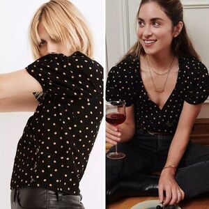 NEW Madewell Corduroy Puff-Sleeve Wrap Top in‎ Oval Dot, L